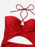 2026 Drawstring Swimsuit Solid Cut Out Knot Halter One Piece Swimwear Women Padded Bathing Suit Female Swimming Summer Beachwear