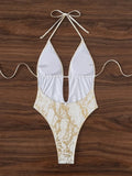 Snake Skin Halter Deep V Neck One Piece Swimsuit Women Swimwear Female High Cut Monokini Backless Bathing Suit Swim Beachwear