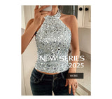 Phantasy Elegant Temperament Neck Sequin Camisole Women T-shirt Sexy Sleeveless Tank Top Female Clothes Tops 2025 Summer