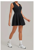 Summer Women Solid Tennis Dresses Sleeveless Turn Down Collar Pleated Skirts with Detachable Pocket Shorts Slim Yoga Golf Dress