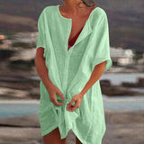 Cotton Linen Breathable And Comfortable Mid Length Oversized Button Down Half Sleeve O-neck Cardigan Casual Beach Suncreen Top