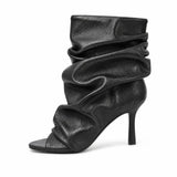 Black Soft Leather Peep Toe Pleated Mid-calf Boots Fashion Women 5 CM Thin Heels Solid Booties High Heel Boots Shoes Lady