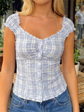 Women Summer Tops and Blouse Short Sleeve Square Neck Button Down Shirts Y2K Retro Casual Daily Streetwear