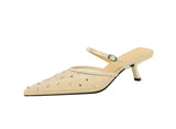 BIGTREE Crystal Mesh Fabric Pointed Toe Slippers Women Sexy Elegant Buckle Strap Party Prom Thin Low Heels Mule Shoes