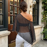 Women's Summer Off Shoulder Chiffon Poncho Tops Dot Print Sheer Asymmetrical Cover-up for Party