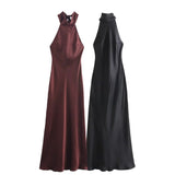 Foridol Halter Satin Dress Women Sexy Backless Burgundy summer spring Dress Elegant Maxi Long Party Dress Christmas Vestidos