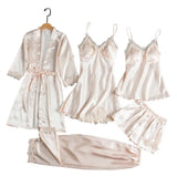 5 Pcs/Set Silky Satin Women Pajamas Set Nightgown Nightdress Top Shorts Pants Set Lace Patchwork Loose Thin Women Sleepwear