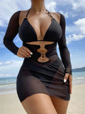 3 Pieces Halter Bikini 2026 & Drawstring Ring Link Beach Skirt Women Swimsuit Sexy Swimwear Female Bathers Bathing Swimming Suit