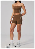 Summer Tight Yoga Suit Women Color Contrast Strapless Slim Sports Tank Top Shorts Fitness Suit Gym Running Workout Tracksuit