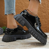 Black Patent Leather Platform Loafers Women 2025 Autumn Thick Bottom Pu Leather Shoes Woman Plus Size Lace Up Student Shoes 42
