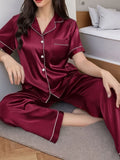 Women's Satin Silk Pajamas Set Short Sleeve Top and Long Pants Comfortable Casual Home Wear Spring Autumn Sleepwear