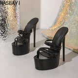 Summer Nightclub Round Toe Peep Toe 16cm Extreme Platform High Heels Slippers Ladies Sexy Model Strap Sandals Mules Slides Shoes