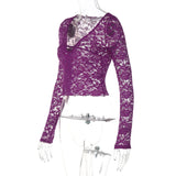 FDYOUI Sexy Deep V-neck Lace T-shirt 2026 Women Long Sleeve See-through Slim Tops Ladies Party Night Club T Shirts Streetwear