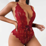 Sexy Crotchless White Lingerie Lace Hollow Bodysuit Erotic Costumes Teddy Babydoll Dress Deep V Open Bra Porn Women's Underwear