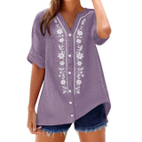 Womens V Neck Embroidered Linen Tunic Shirt Roll Up Sleeve Button Down Loose Fit Casual Boho Blouse Vintage Summer Beach Shirts