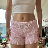 Women Ruffle Lace Shorts Elastic Waist Bloomers Y2K Aesthetic Short Pants Casual Gothic Kawaii Shorts Summer