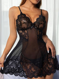 Contrast Lace Ruffle Trim Lingerie Pajamas Set See Through Ultra-thin Women Pajamas Deep V-neck Lace Sleepwear Sexy Pajamas