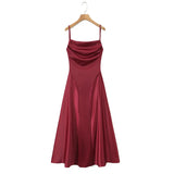 Australian Women's Back-cross-strap Hollow-out Camisole Dress With Chest Pleats Slim-fit Waist And Long Skirt Pure Desire ZJBL