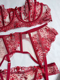 Women's New Floral Embroidered See-Through Mesh Lingerie 4-Piece Set - Sexy Underwear for Special Nights