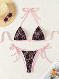 Embroidery Mesh Lace Halter Bikini Female Swimsuit Women Swimwear Two-pieces Bikini Set High Cut Bathing Suit Swim Beach Wear