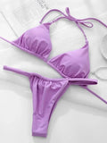 Wrinkled High Cut Mini Micro Thong Bikini Women Swimwear Female Swimsuit Two-pieces Bikini Set Halter Bather Bathing Suit Swim