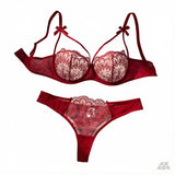 Red Floral Lace Lingerie Set Sheer Mesh Underwire Bra With Bow & Thong Women Sexy Underwear ZA824057