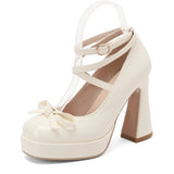 Big Size 45 Women's Sweet Pink Mary Jane 10.5cm High Heels Pumps Lolita Round Toe Bow Cross-Strap Platform Chunky Heel Shoes