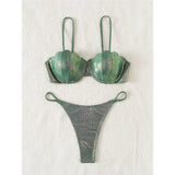 Scalloped Snake Skin Thong Bikini Female Swimsuit Women Swimwear Two-Pieces Bikini Set Bra Cup Bather Bathing Suit Swim V4650