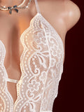 Sexy Crotchless White Underwear Women Lace Hollow Bra Set Erotic Costume Teddy Baby Doll Dress Deep V Open Bra Porn Lingerie Set