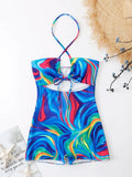 2026 Allover Print Cut-out One Piece Swimsuit Halter Swimwear Women Bathing Suit Female Swimming Summer Beachwear Bodysuit