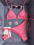 Sexy Mesh Flower Bikinis Sets Women Hot Pink Halter Push Up Bra Tie Side Swimsuit 2026 Beach Bathing Suit Holiday Micro Swimwear