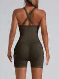 Adjustable Crisscross Back Fitness One Piece Jumpsuit Side Phone Pocket Tummy Control Athletic Yoga Bodysuit