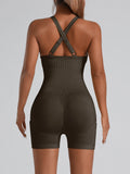 Adjustable Crisscross Back Fitness One Piece Jumpsuit Side Phone Pocket Tummy Control Athletic Yoga Bodysuit