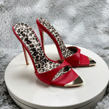 Red matte Leopard Base Slippers Pointed Toe Thin High Heels Women's Shoes Summer Casual Sexy Slip On Party One Word Belt Slipper