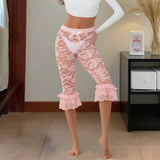 Women Summer Lace Ruffle Capri Leggings Solid Color Sheer Mesh Elastic High Waist See Through Pants