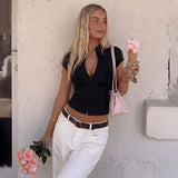 FDYOUI Woman Covered Buttons T-shirts 2026 Summer Short Sleeve Slim Cardigan Tops Ladies Chic Corset Tee Shirt White Black Red