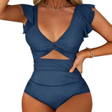 Women Monokini V-Neck Ruffle Sleeve One-Piece Swimsuit Solid Color High Waist Tummy Control Bathing Suit