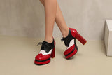 Bright Patent Leather Patchwork White PU Lace Up High Heels with Breathable Lining, Wavy and Serrated Patterns, Sweet Pumps