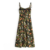 French Style Vintage Lemon Leaf Printed Green Dress Sexy Slip Midi Sleeveless Tank Dress Chiffon Women Holiday Elegant Dress