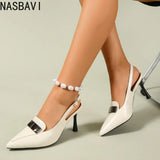 Women French Roman Sandals Pointed Toe 8cm Stiletto Thick Heels Back Buckle Strap Office OL Single Dress Shoes Large Size 34 45