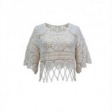Half Sleeve Hollow Out Solid Crochet Knitted Tunic Beach Cover Up Cover-ups Beach Dress Beach Wear Beachwear Female Women V8401