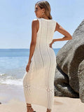 S - XL 2025 V Neck Hollow Out Crochet Knitted Tunic Beach Cover Up Long Cover-ups Beach Dress Beach Wear Beachwear Female Women