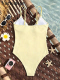 S - XL Striped Plaid V Neck Women Swimwear One Piece Swimsuit Female Frilled High Leg Cut Padded Bather Bathing Suit Swim V8288