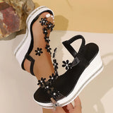 Elegant Rhinestones Flowers Sandals Women Fashion Crystal Chunky Platform Sandles Woman Slip On Wedge High Heels Sandalias Mujer