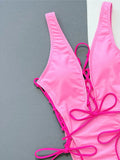Deep V Neck Lace Up High Leg Cut Women Swimwear One Piece Swimsuit Female Wrap Around Monokini Bather Bathing Suit Swim K4719