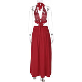 FDYOUI Sexy Halter Neck Backless Wedding Party Dress Women 2026 Summer Hollow Out Lace-up Long Maxi Evening Dresses Red Gowns