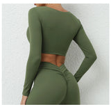 Long Sleeve Gym Crop Tops for Women Twist Deep V Workout Quick Dry Padded Sports Fitness Yoga T-Shirt