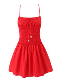 Cotton Summer Red Short Dress Women Strapless Beach Mini Dress Casual Ruffles Spaghetti Strap Boho Party Sleeveless Dress
