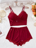 Women Sleepwear 2pcs Floral Contrast Lace Pajama Set V Neck Solid Color Bow Top & Shorts Suit Home Clothes Loungewear