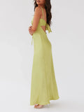 Women Cami Dress Solid Color Sleeveless Tie-Up Front Sleeveless Backless Dress Long Dress Summer Casual Spaghetti Strap Dress
